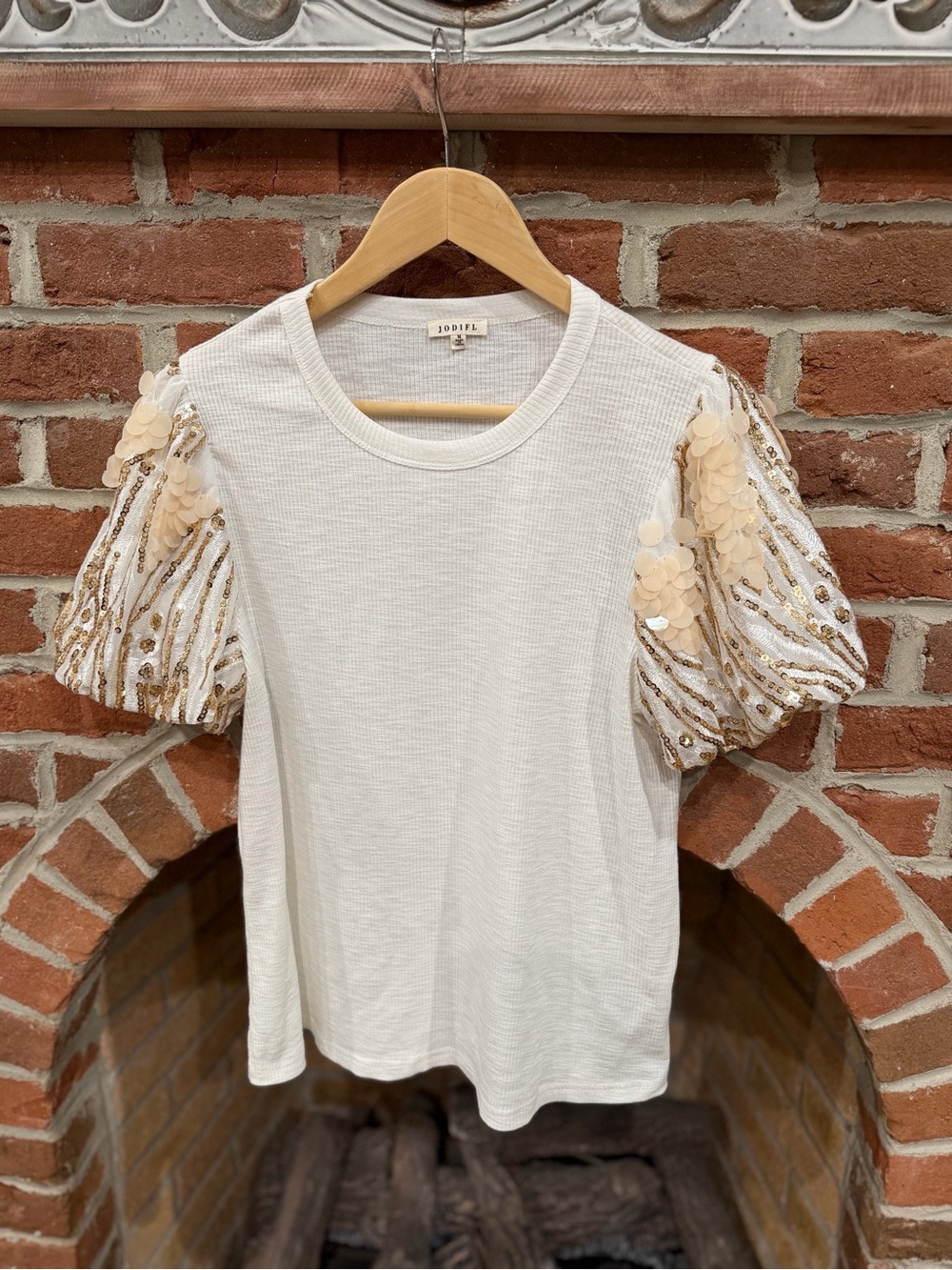 JODIFL Ivory Tee with Gold-Beige Sequin Puff Sleeves